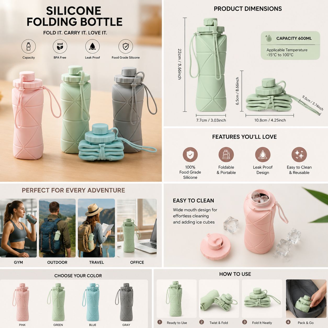 Silicone Foldable Water Bottle 600ML